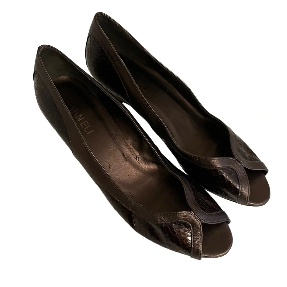 Van Eli Brown Leather Snakeskin Texture Open Toe Wedge Heel Pump 9.5 N